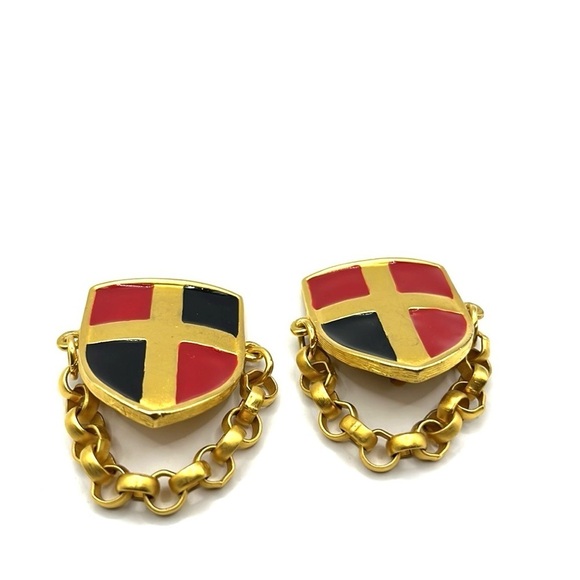 Gold and Red Shield Earrings with Chain Clip on Earrings  Vintage 80’-90’s - Picture 6 of 12